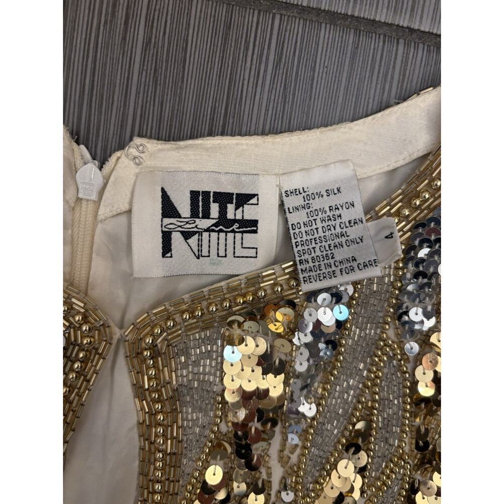 Vintage Niteline Ivory Beaded Mini Silk Dress Size 4 Lined Sheath Gold/Silver - Picture 3 of 5